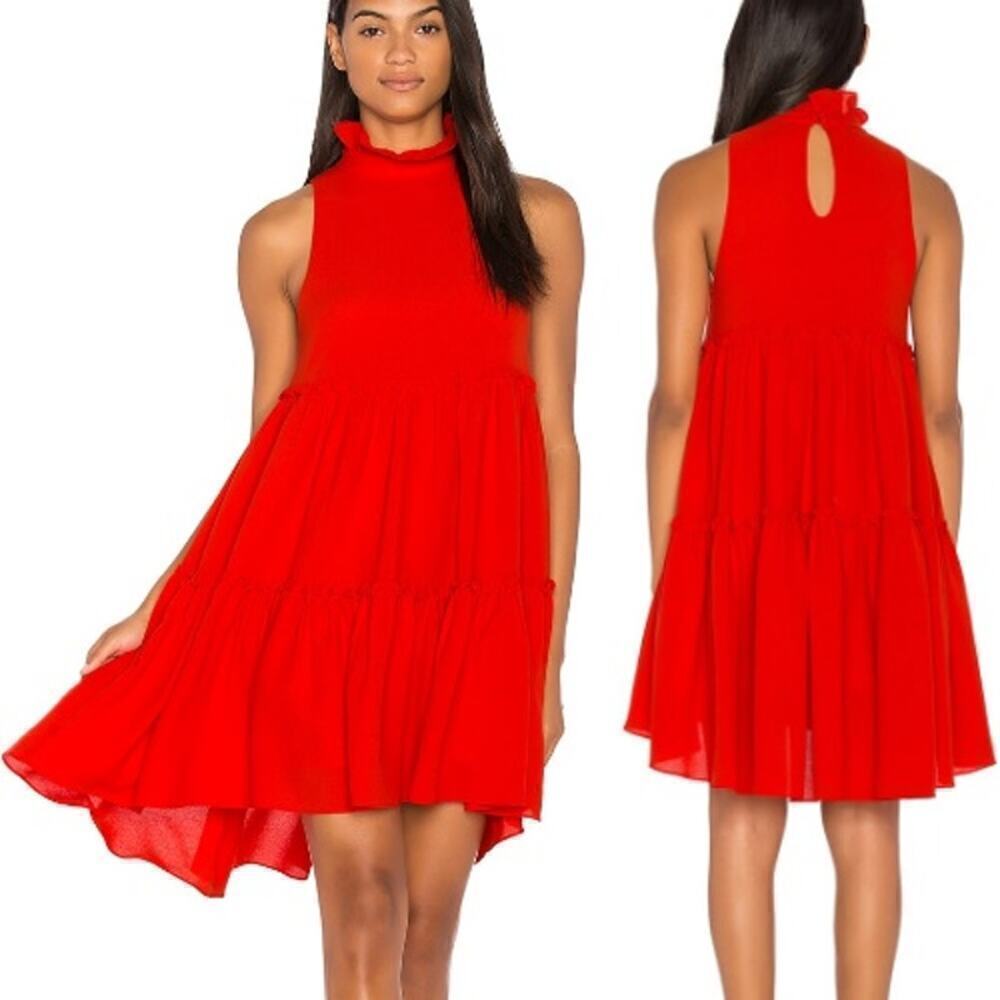 Elliatt Sonnet Ruffled Mock Neck Tiered A-Line Dress Poppy Red Womens Size Small